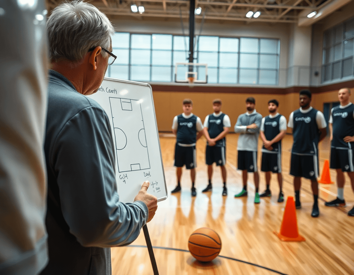 Dettaglio ravvicinato delle mani dell'allenatore che descrive una giocata di basket u18 sulla palestra.