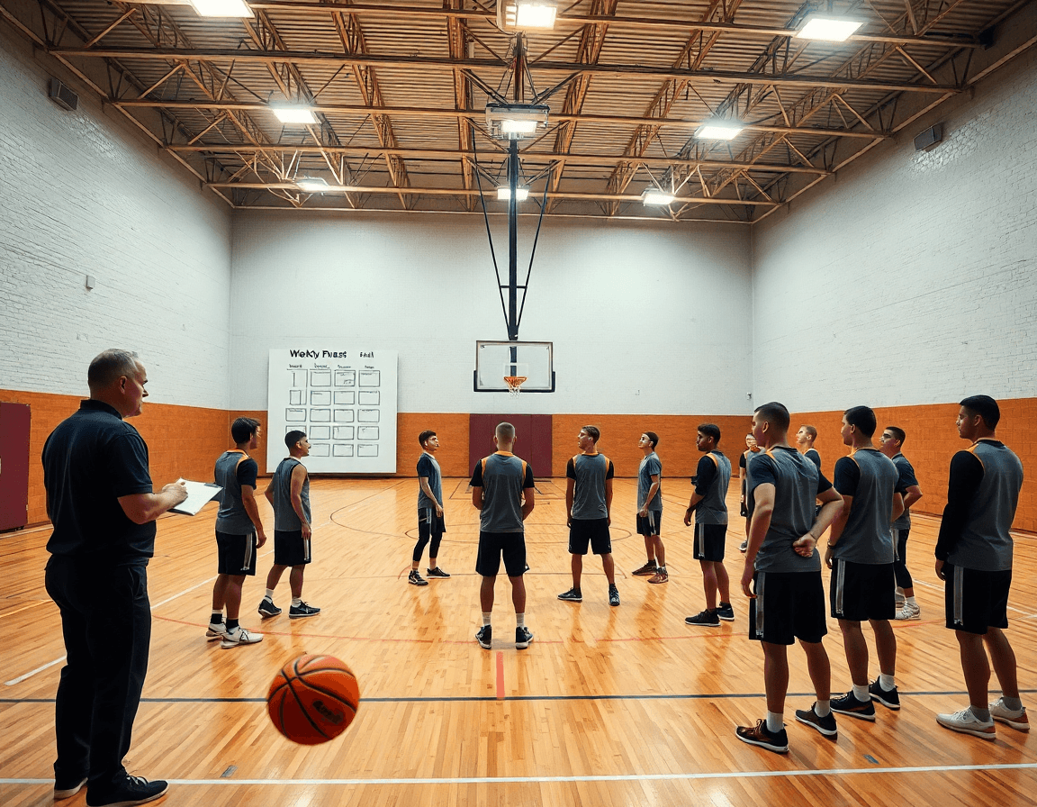 Scena ampia di basket u18 in palestra reale, coach davanti alla lavagna tattica e giocatori concentrati.