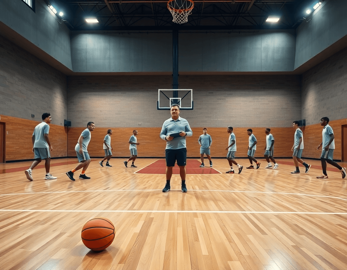 Centro minibasket robur osimo associazione sportiva: scena ampia in palestra di basket con coach e squadra in allenamento.