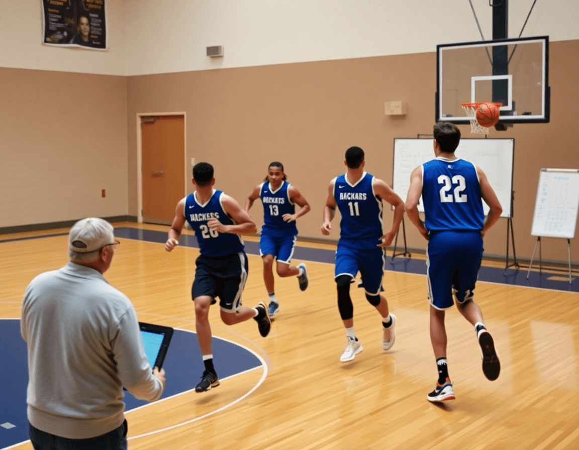 Dettaglio di una sessione di basketball che mostra piano allenamento basket collaborazioni offensive sul tablet vicino al campo.