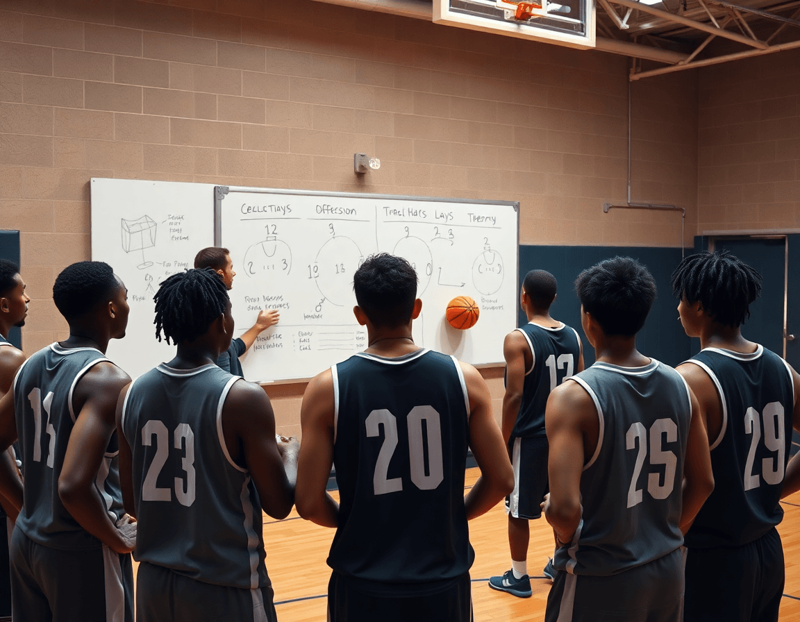 Primo piano sui giocatori che osservano la lavagna di basketball sul campo, piano allenamento basket collaborazioni offensive.