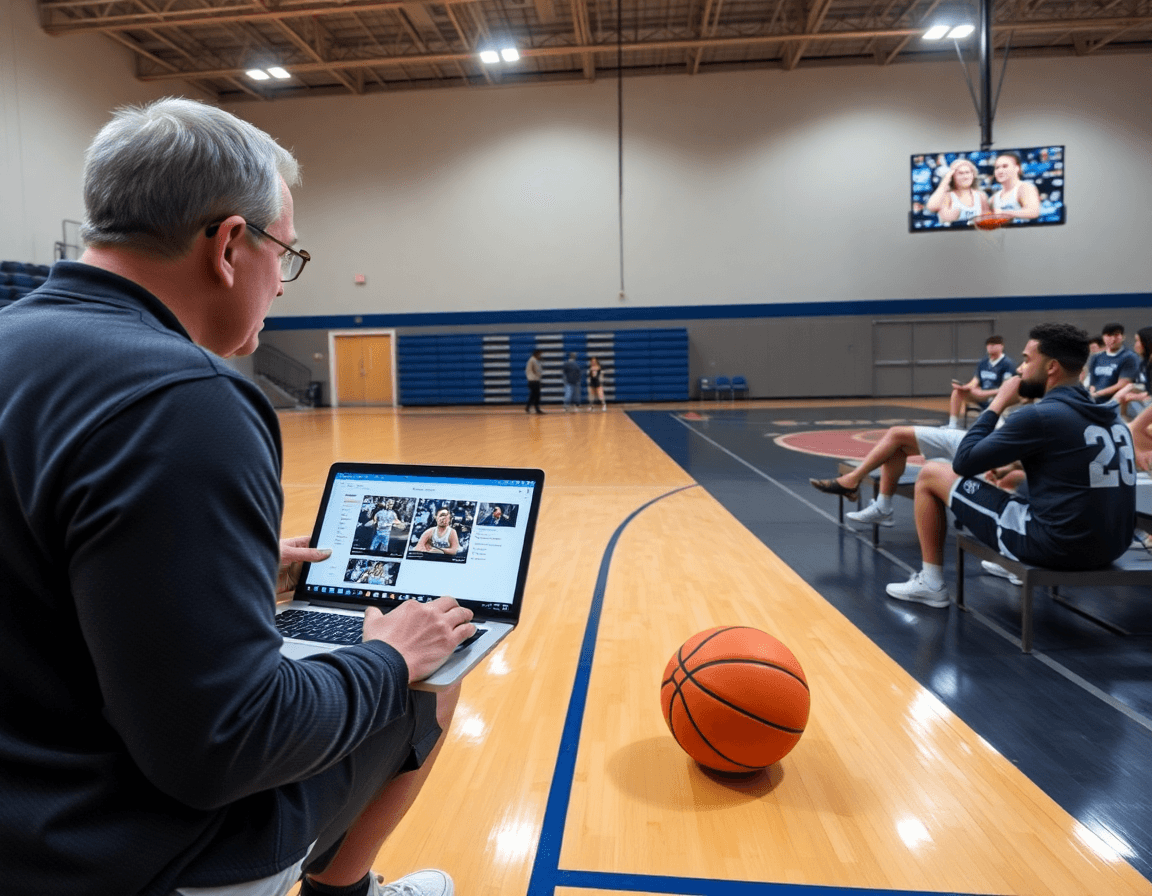 Primo piano sui giocatori che osservano clip video su basketball, mentre si applica piano allenamento basket collaborazioni offensive.