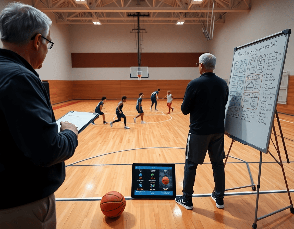 Scena ampia di basketball: piano allenamento basket collaborazioni offensive sul campo da palestra interno.
