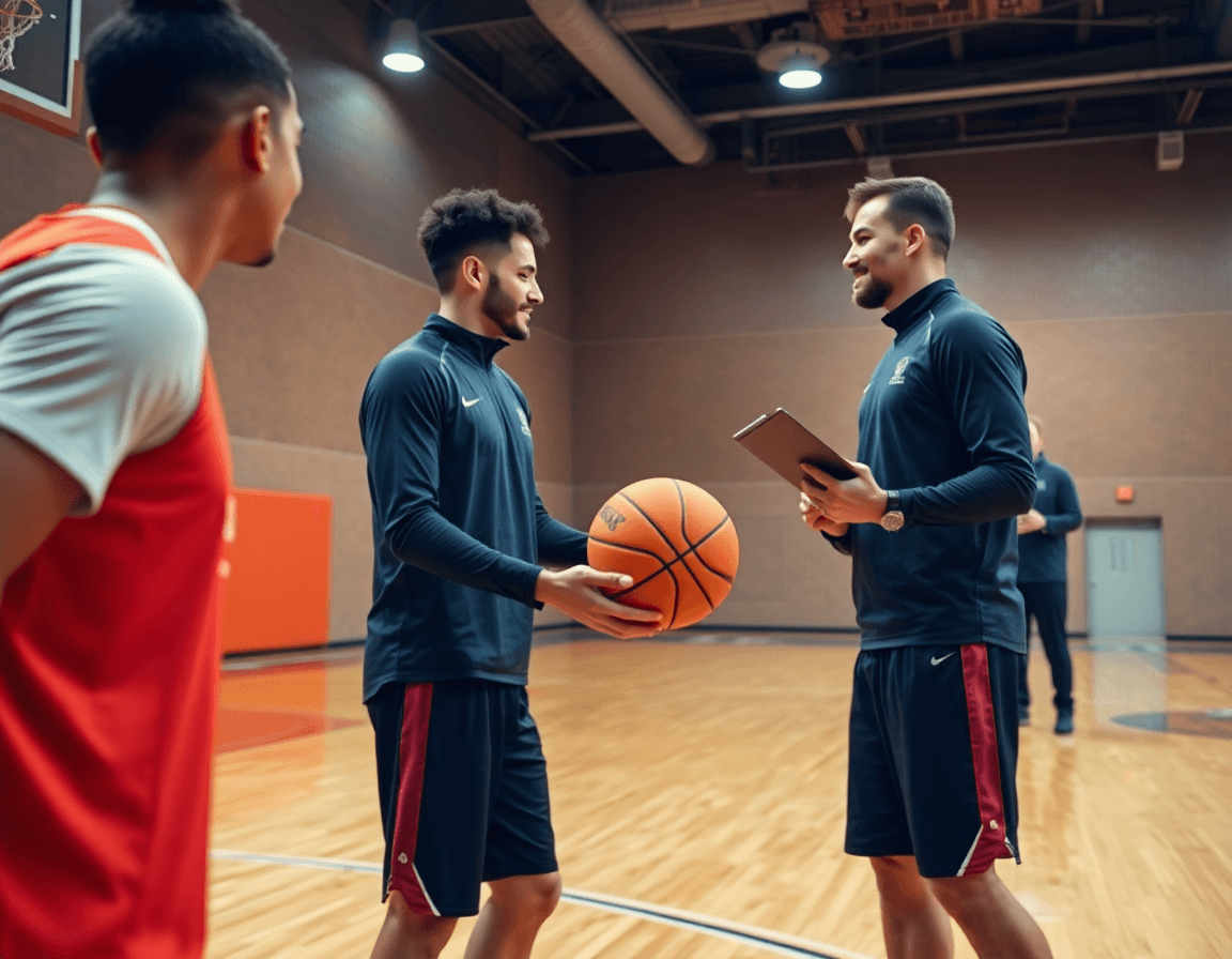 Primo piano su due giocatori in kit che passano una palla arancione; piano allenamento basket FIP.
