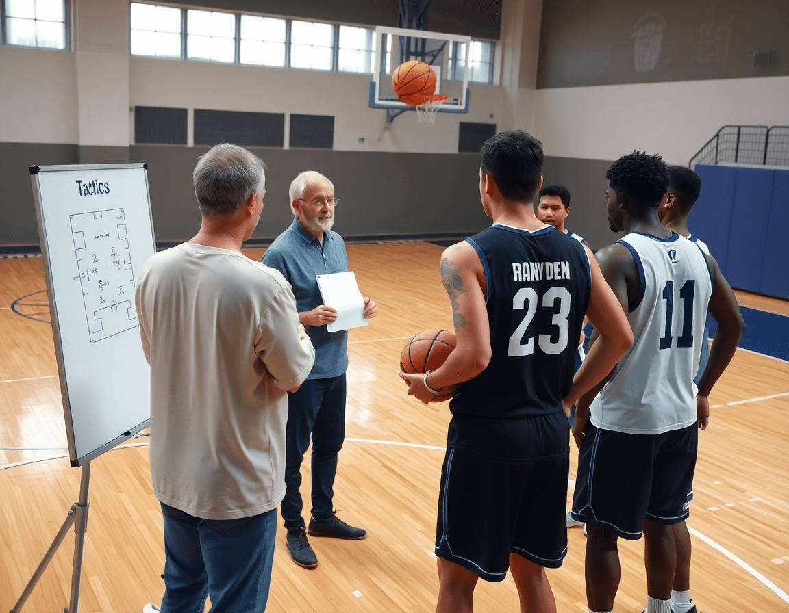 Coach consulta whiteboard mentre i giocatori ascoltano, mani sul pallone arancione, piano allenamento basket FIP.