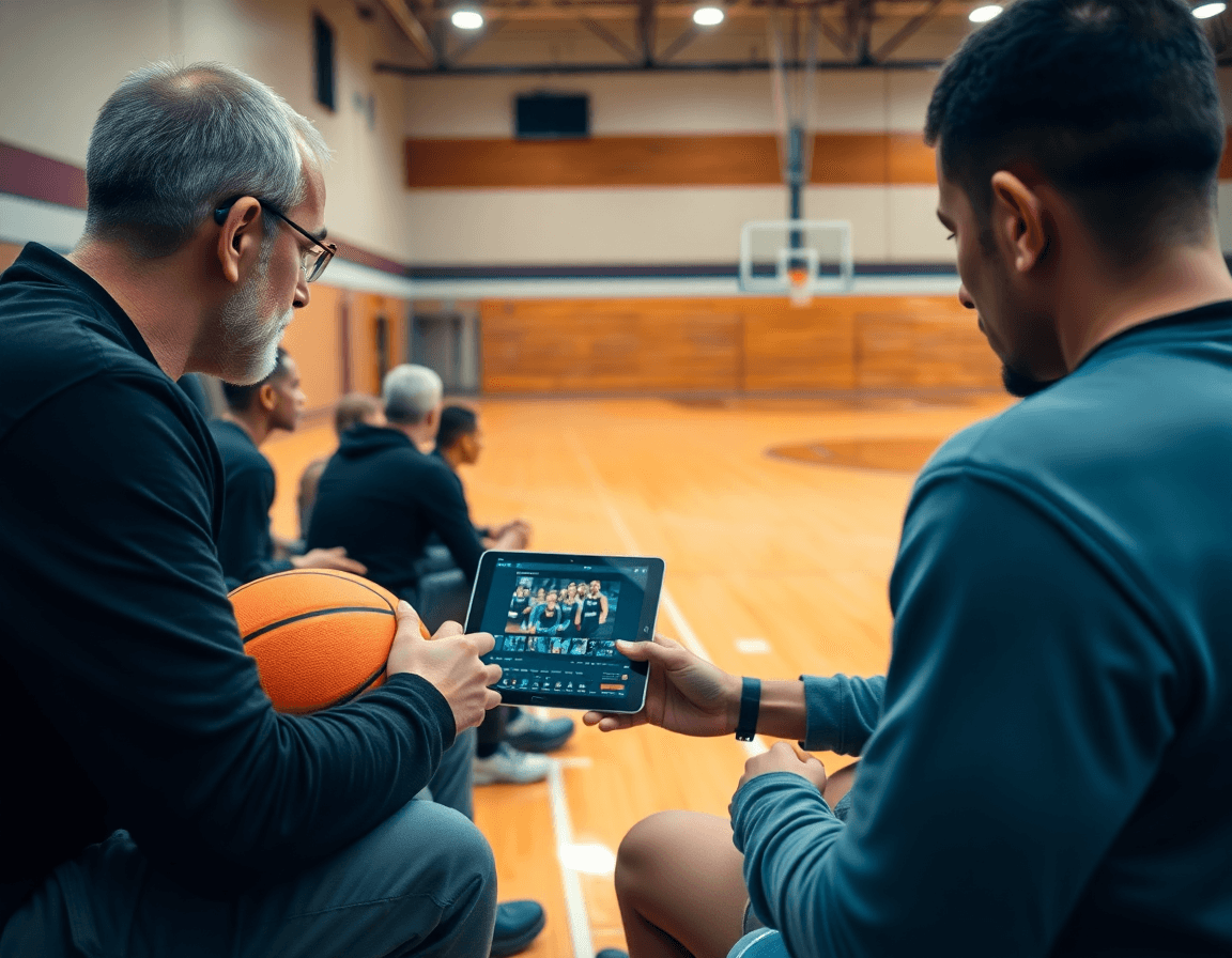 Coach modifica video di basket su tablet mentre i giocatori guardano; pallone arancione sul banco.