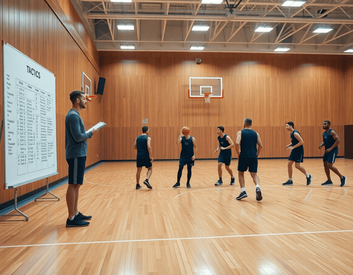 Vista ampia di piano allenamento basket FIP in palestra, coach consulta whiteboard mentre la squadra si allena.