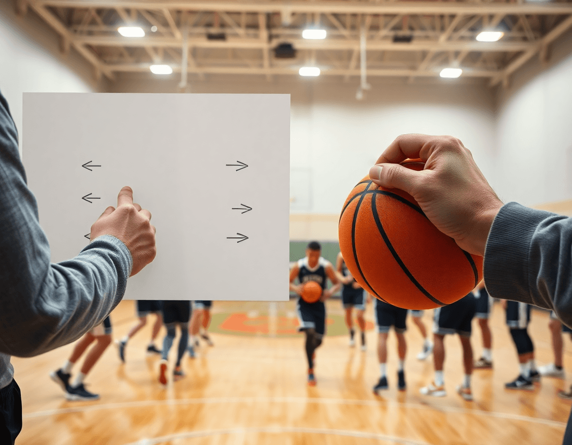 Primo piano sull'allenatore che segna linee sul whiteboard di basketball durante l'allenamento.