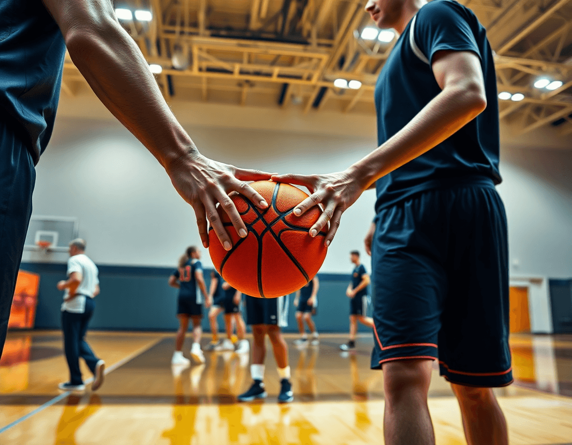 Primo piano sulle mani che passano la pallacanestro arancione tra due giocatori in allenamento.