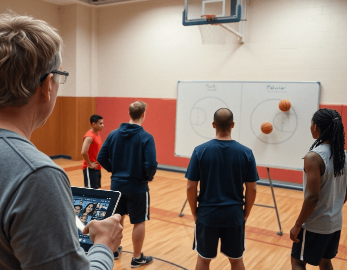 Primo piano sulla lavagna tattica dell'allenatore con semplici diagrammi di basketball mentre i giocatori ascoltano.