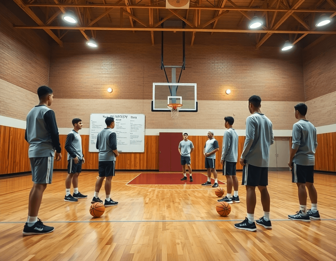 Vista ampia su una palestra di basketball durante l'allenamento settimanale della squadra.