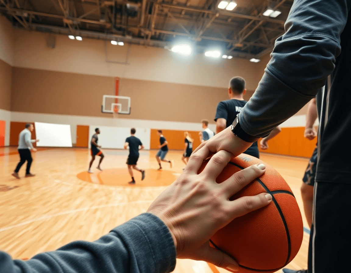 Dettaglio di piano allenamento basket pdf mostrato sul tavolo, vicino alle mani mentre si lavora.