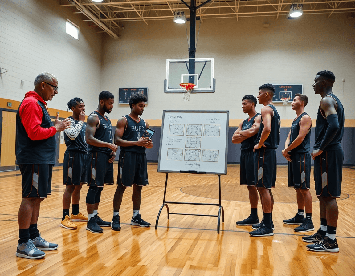 Coach consulta clip di basket su tablet e note di scouting, piano allenamento basket pdf presente sul tavolo.