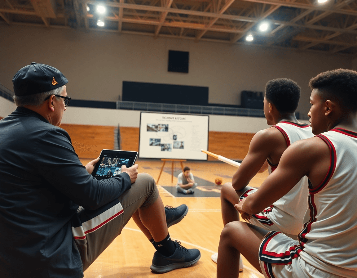 Allenatore osserva clip di basket su tablet e annotazioni di scouting, piano allenamento basket pdf consultato.