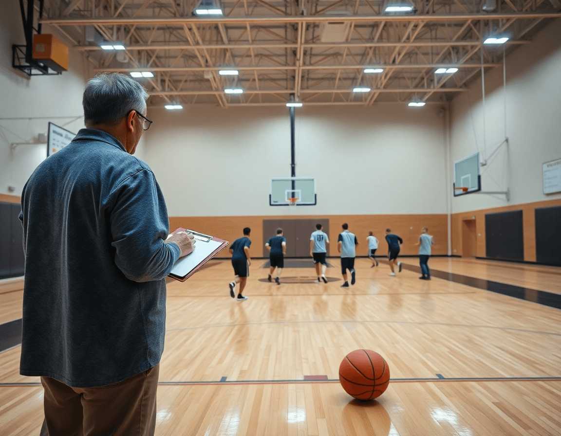 Allenatore e squadra discutono un piano settimanale di basket, piano allenamento basket pdf in primo piano.