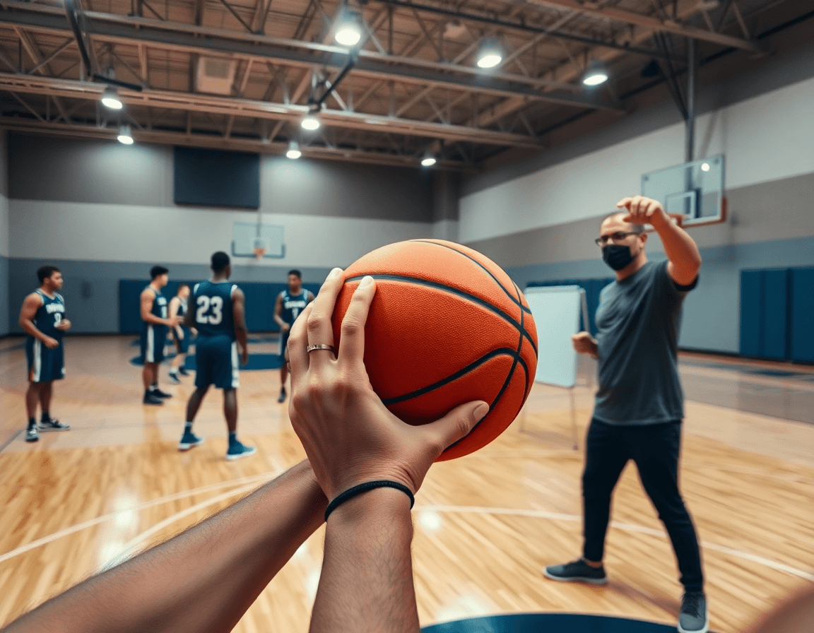 Primo piano sulle mani che stringono una pallina di basketball arancione su un parquet di palestra.