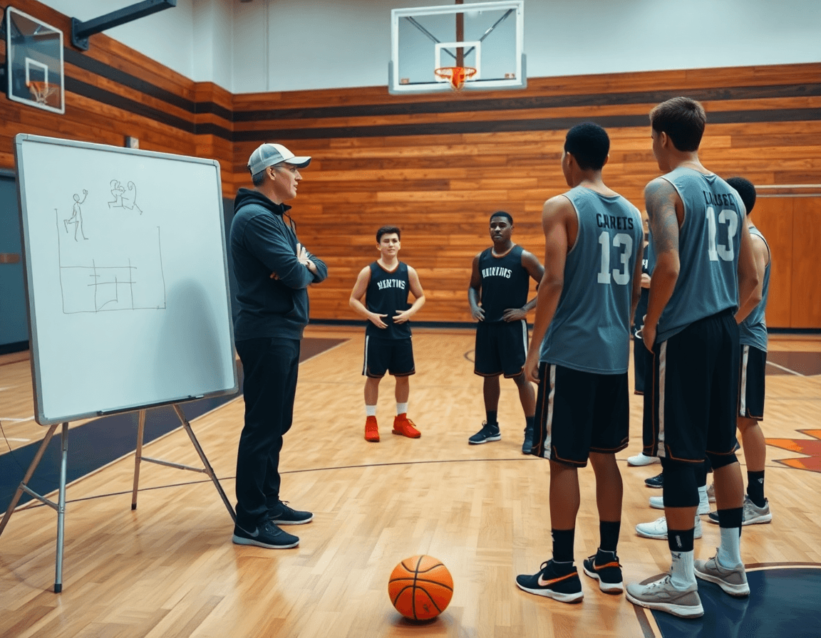 Allenatore davanti a una whiteboard tattica mentre i giocatori ascoltano sul parquet di palestra basketball.