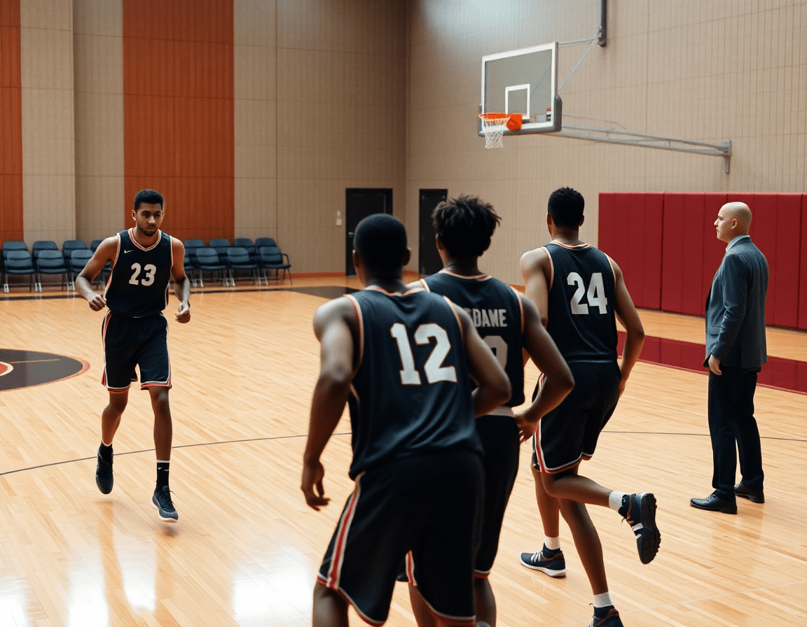Cinque giocatori corrono una azione offensiva vicino alla linea dei tre punti su un parquet di palestra, basketball.