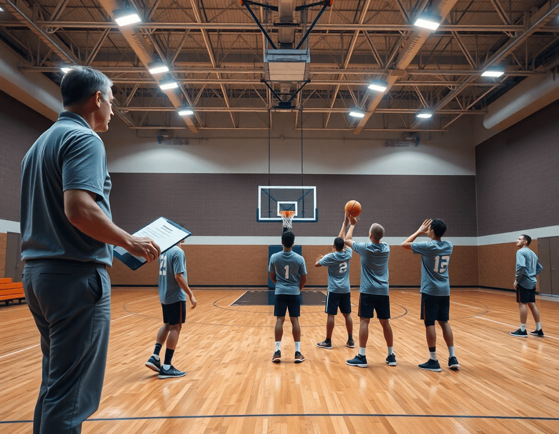 Scena ampia di basket in palestra: coach con clipboard e piano allenamento basket tiro.