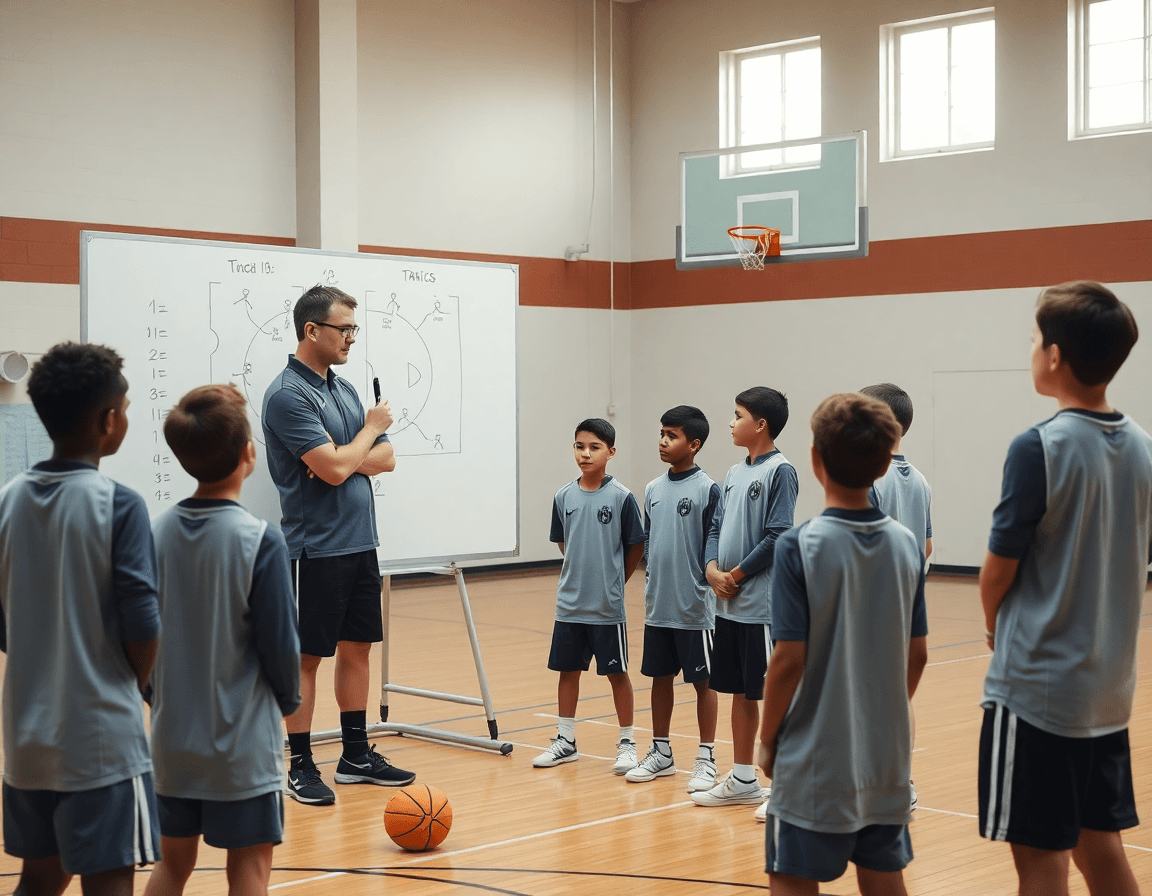 Utilizzo della tattica: coach spiega una azione semplice con la tavola tattica durante l'allenamento basket under 14.