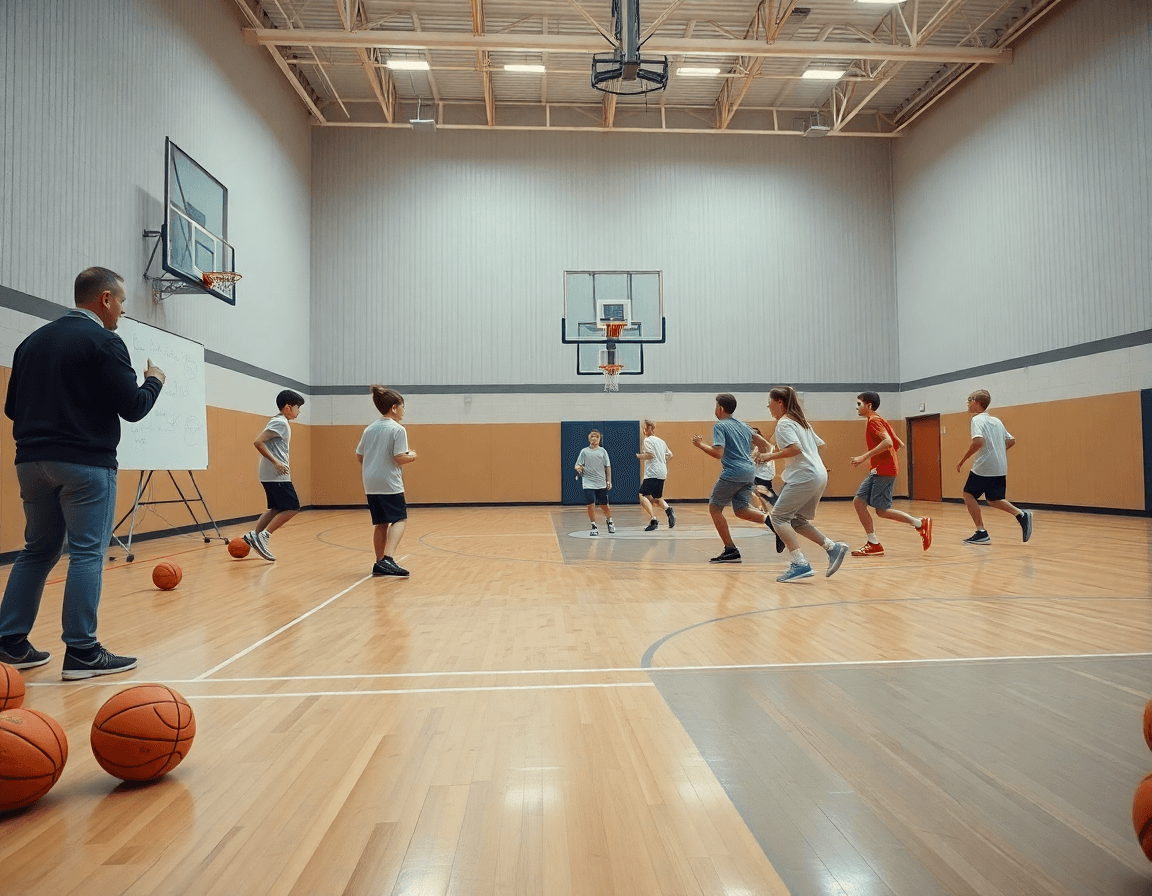 Piano di allenamento basket under 14: coach e squadra in palestra durante una sessione.