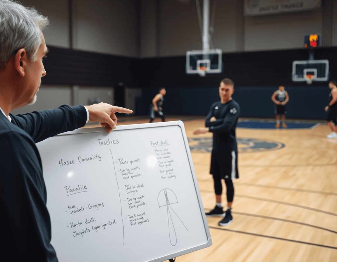 Coach con lavagna tattica mentre la squadra lavora sul piano basket under 15.