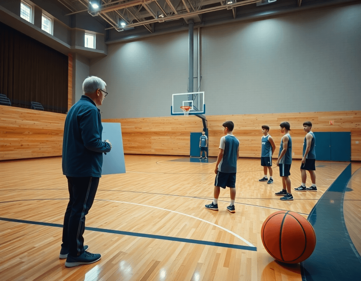Piano allenamento basket under 15: coach spiega tattiche davanti a una squadra durante l'allenamento.