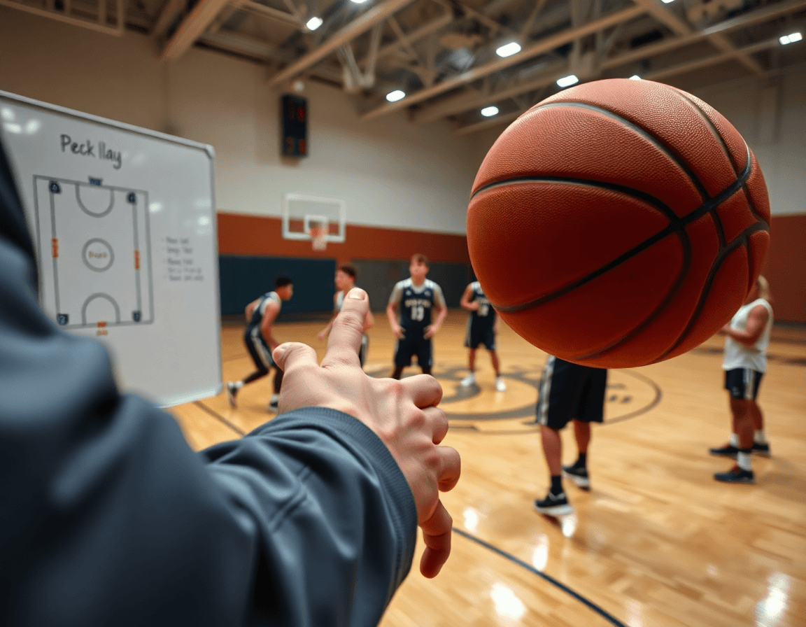 Primo piano sulle mani con pallone arancione, coach indica una lavagna con piano allenamento collaborazioni offensive semplici basket.