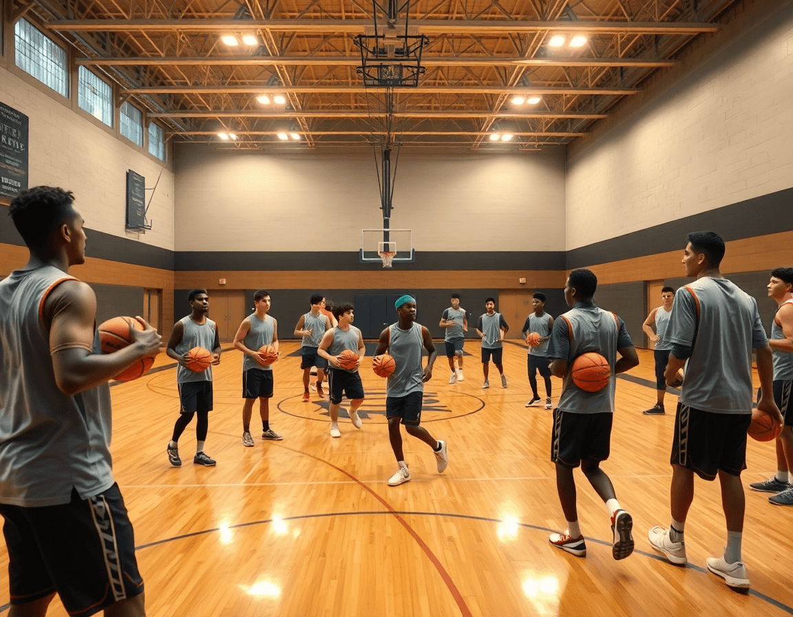 Grande scena di basket in palestra: piano allenamento collaborazioni offensive semplici basket mostrato dal coach.