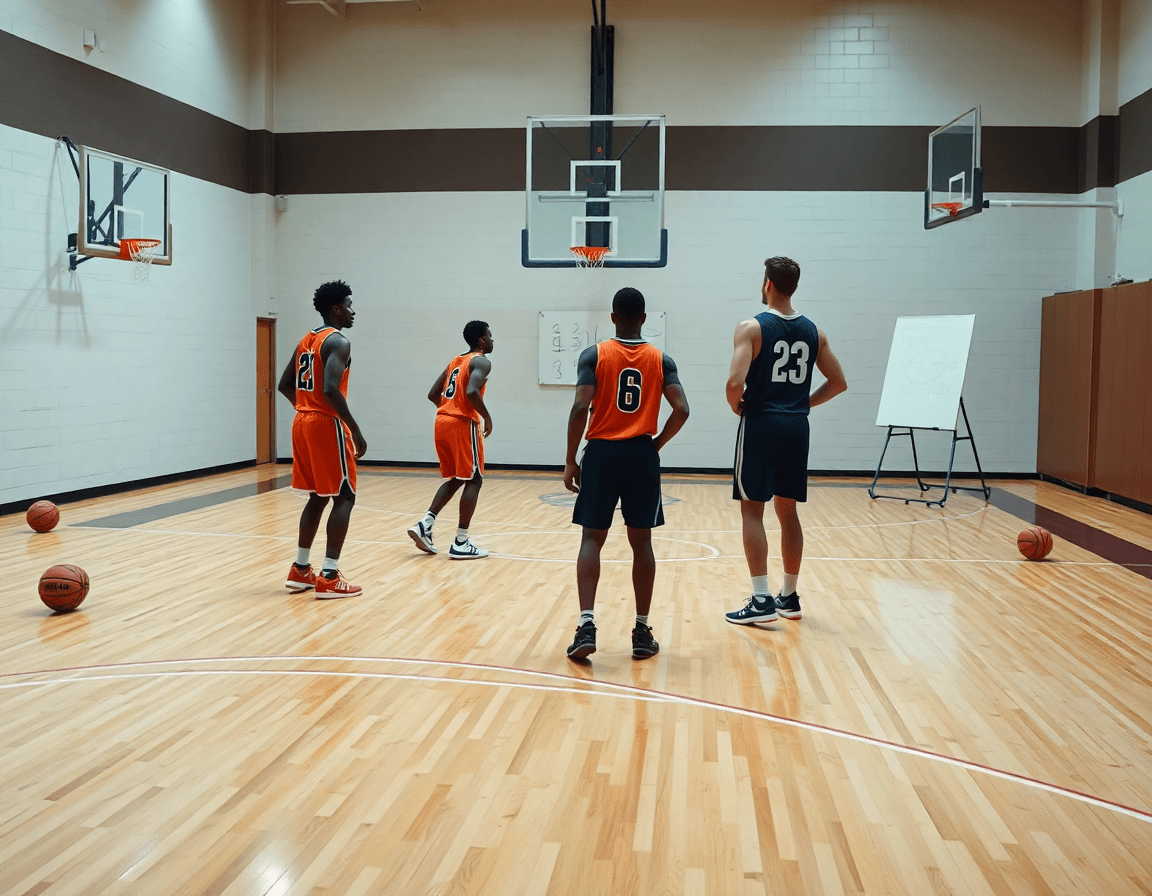 Primo piano sul piano allenamento u13 basket durante l'allenamento, mani dei giocatori e pallone.
