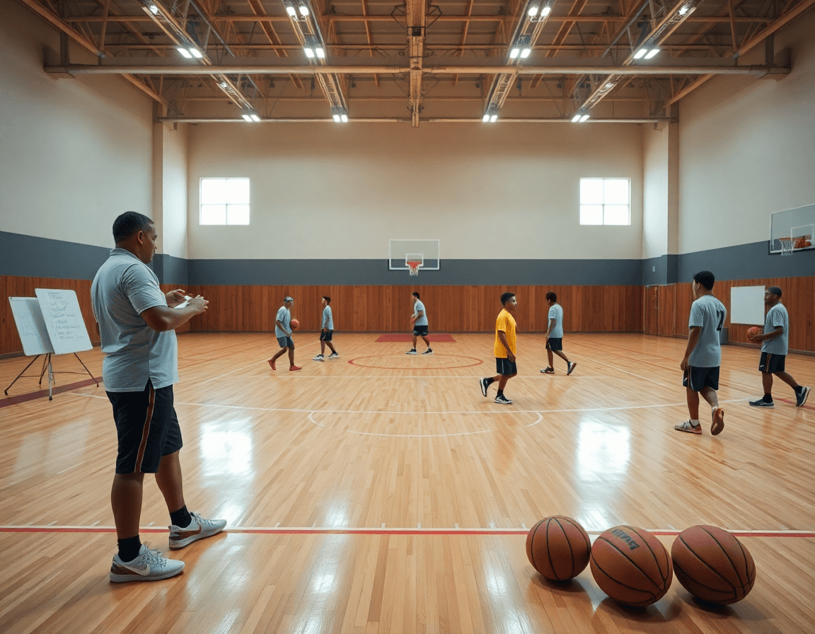 Scena ampia di piano allenamento u13 basket in palestra, coach e squadra al lavoro.
