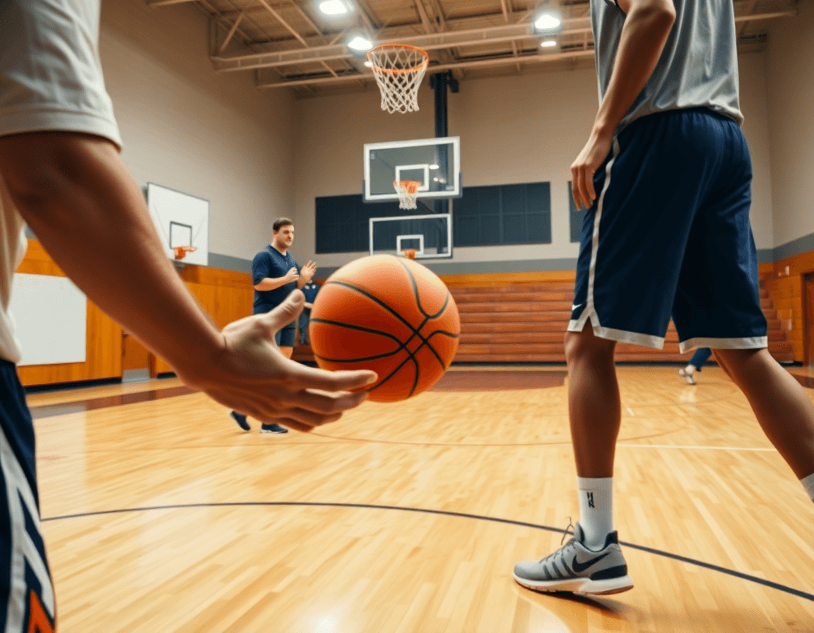 Scena stretta di basketball con coach che spiega sul whiteboard le basi del pick and roll basket.