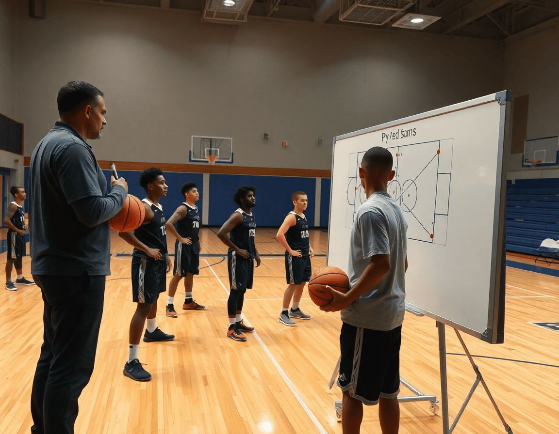 Scena medio stretta di basketball: coach mostra sul whiteboard il posizionamento per il pick and roll basket.