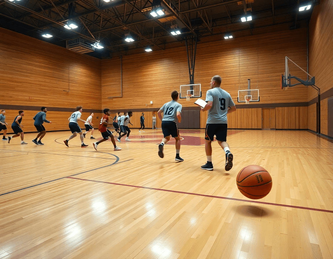 Scena italiana di basketball: squadra osserva clip video sullo schermo, preparando il pick and roll basket in palestra.