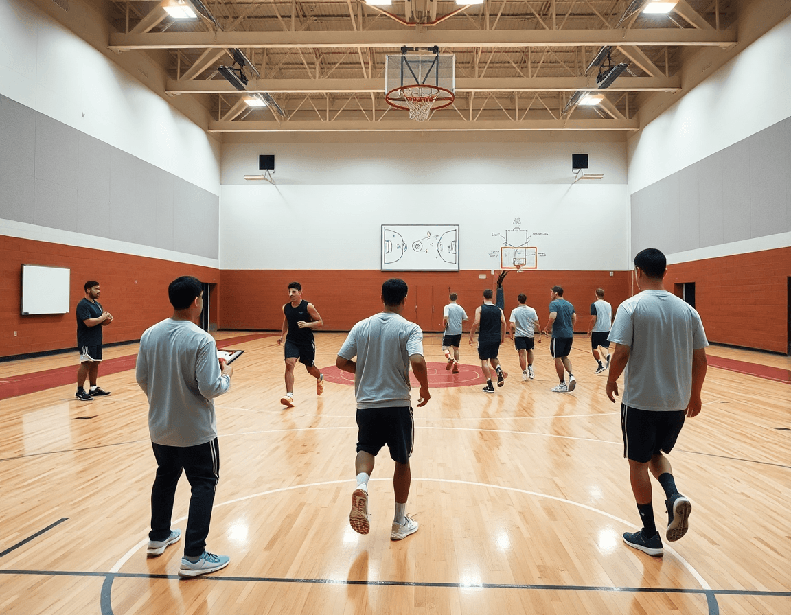 Scena ampia di basketball in palestra con coach e squadra che lavora sul pick and roll basket.