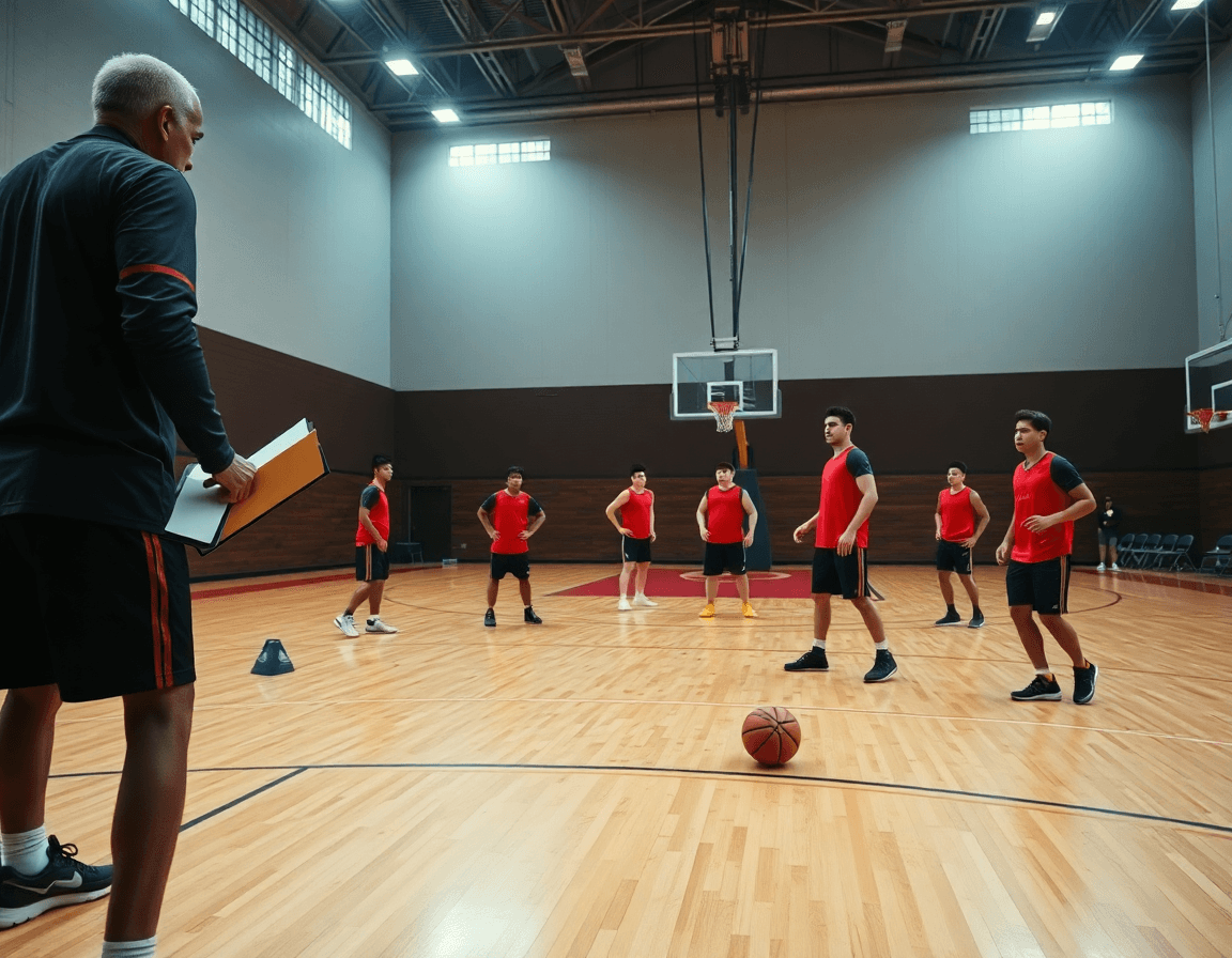 Scena ampia in una palestra di pallacanestro: coach con clipboard guida un pick and roll.