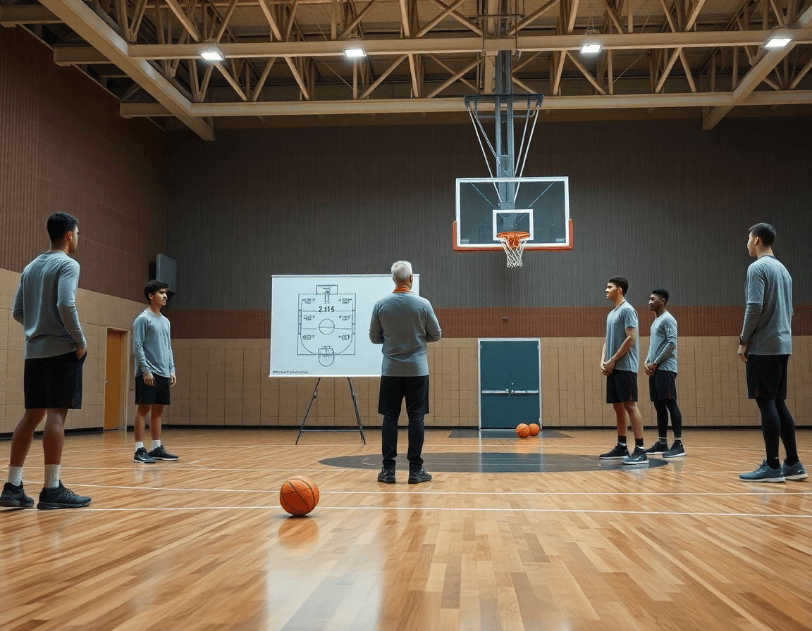 Allenatore dirige play basket emilia romagna mentre la squadra pratica in una palestra di basket luminosa.