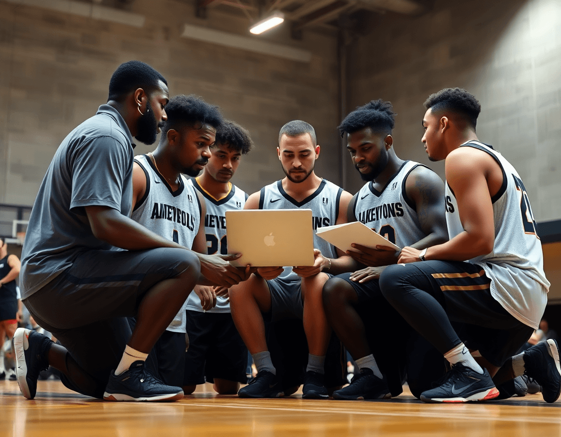 Allenatore e giocatori osservano una clip video sul laptop, palestra visibile sullo sfondo.