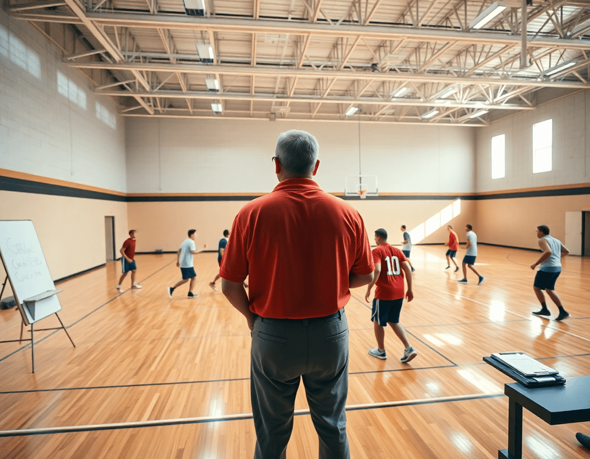 Scena ampia in palestra di basket: allenatore e squadra durante pratica completa sul playbook basket.