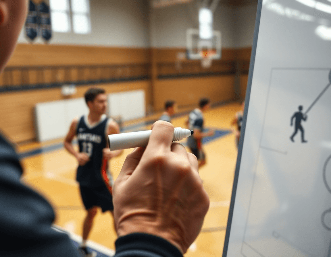 Mani del coach e lavagna tattica che disegnano una basketball giocata, quaderno tecnico corso allievo allenatore basket.