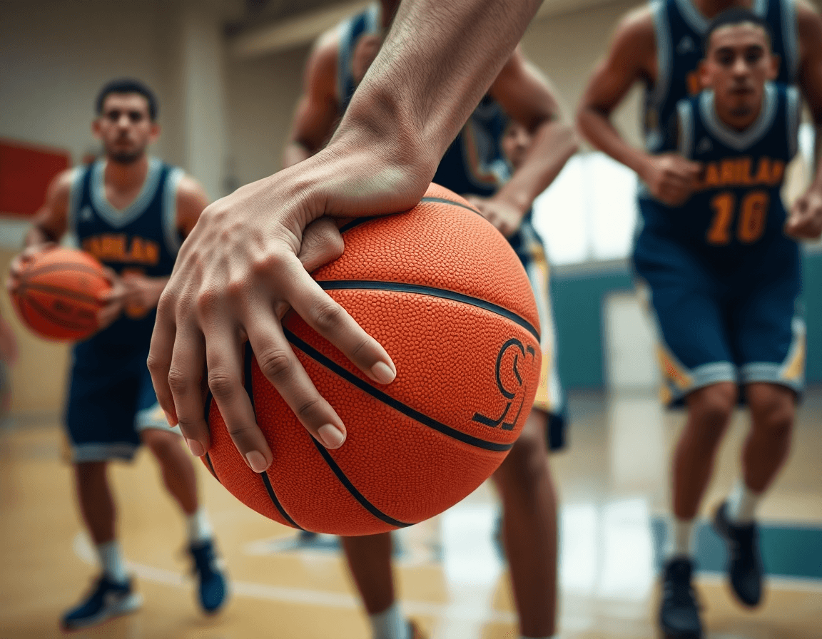 Primo piano sulle mani che stringono una pallone arancione mentre qualcuno dribbla dietro durante un allenamento di basket.