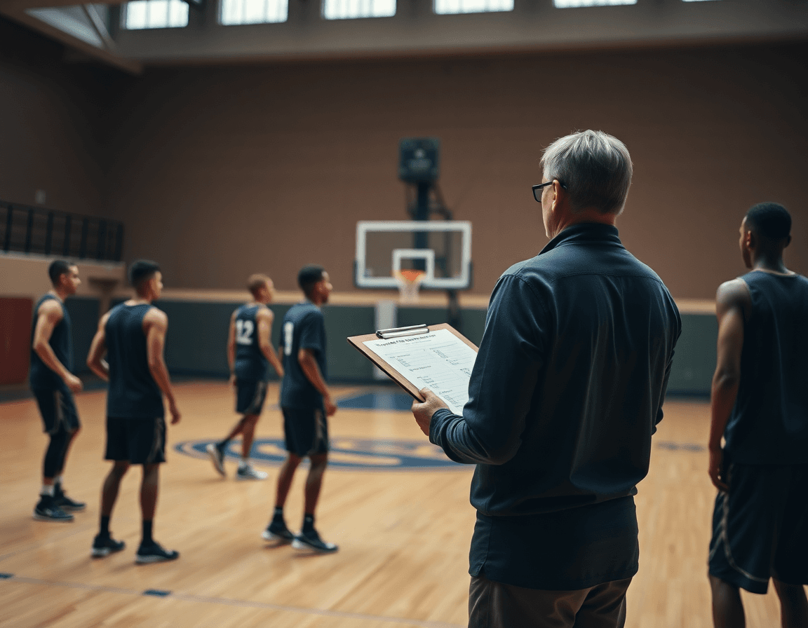 Allenatore con clipboard valuta tattiche di basket mentre i giocatori praticano una basketball giocata sul campo.