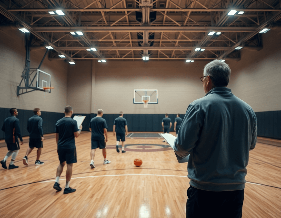 Scena ampia in palestra di basket; quaderno tecnico corso allievo allenatore basket aperto sul tavolo accanto al campo.