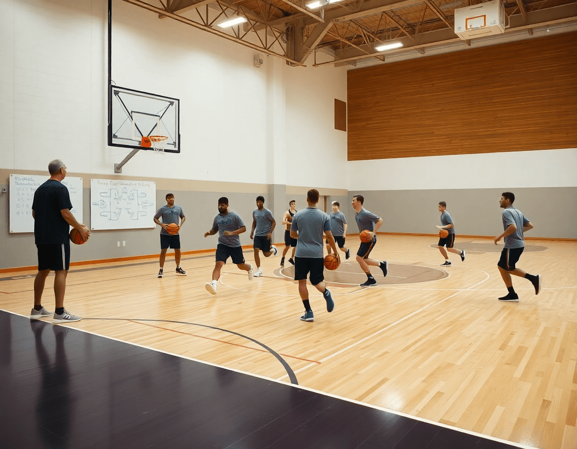 Scatto panoramico: squadra di basket in riscaldamento basket con palla, coach con whiteboard e pallone arancione.