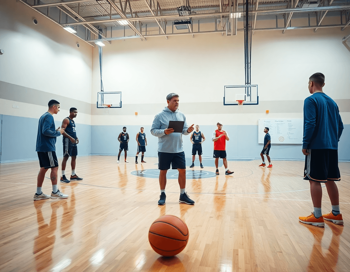 Vista ampia della palestra: coach con clipboard guida riscaldamento basket con palla, piano settimanale e giocatori al lavoro.
