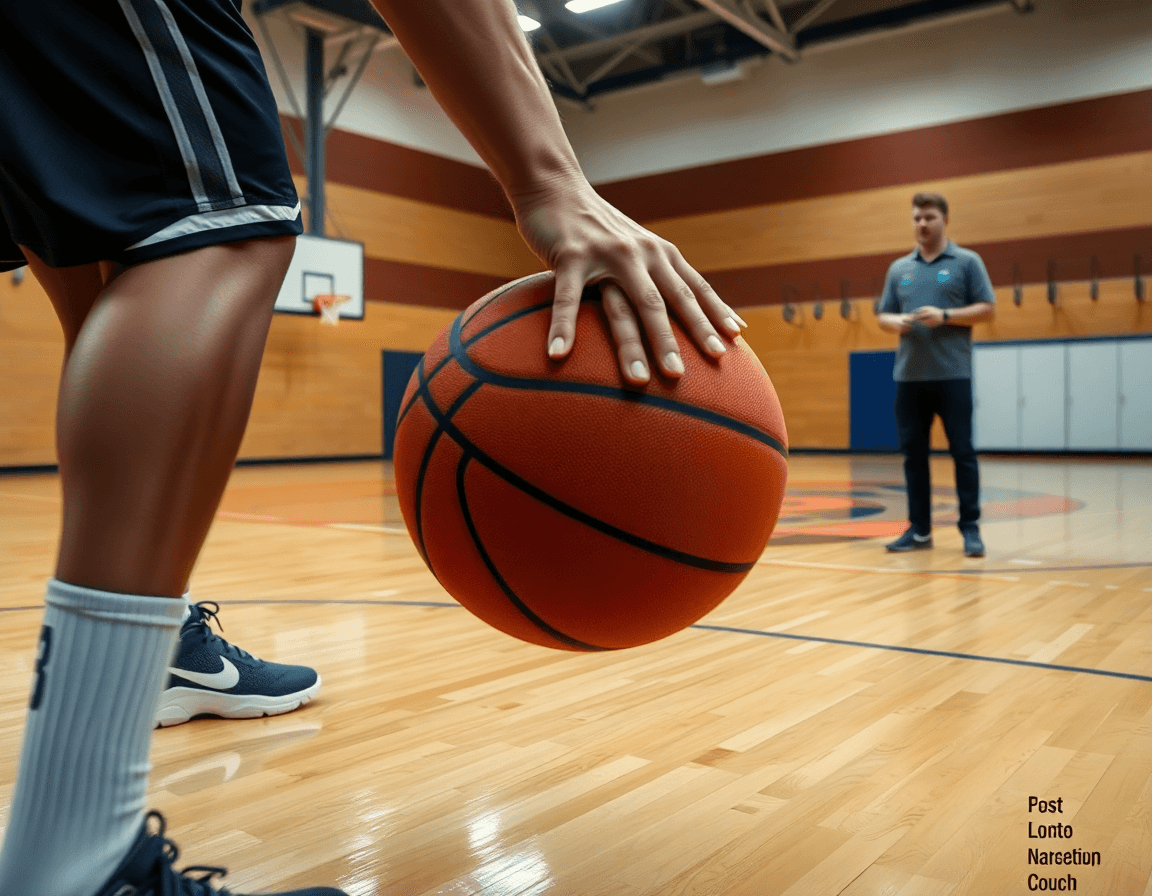 Dettaglio mani su esecuzioni di esercizi riscaldamento basket con palla durante l'allenamento in palestra.