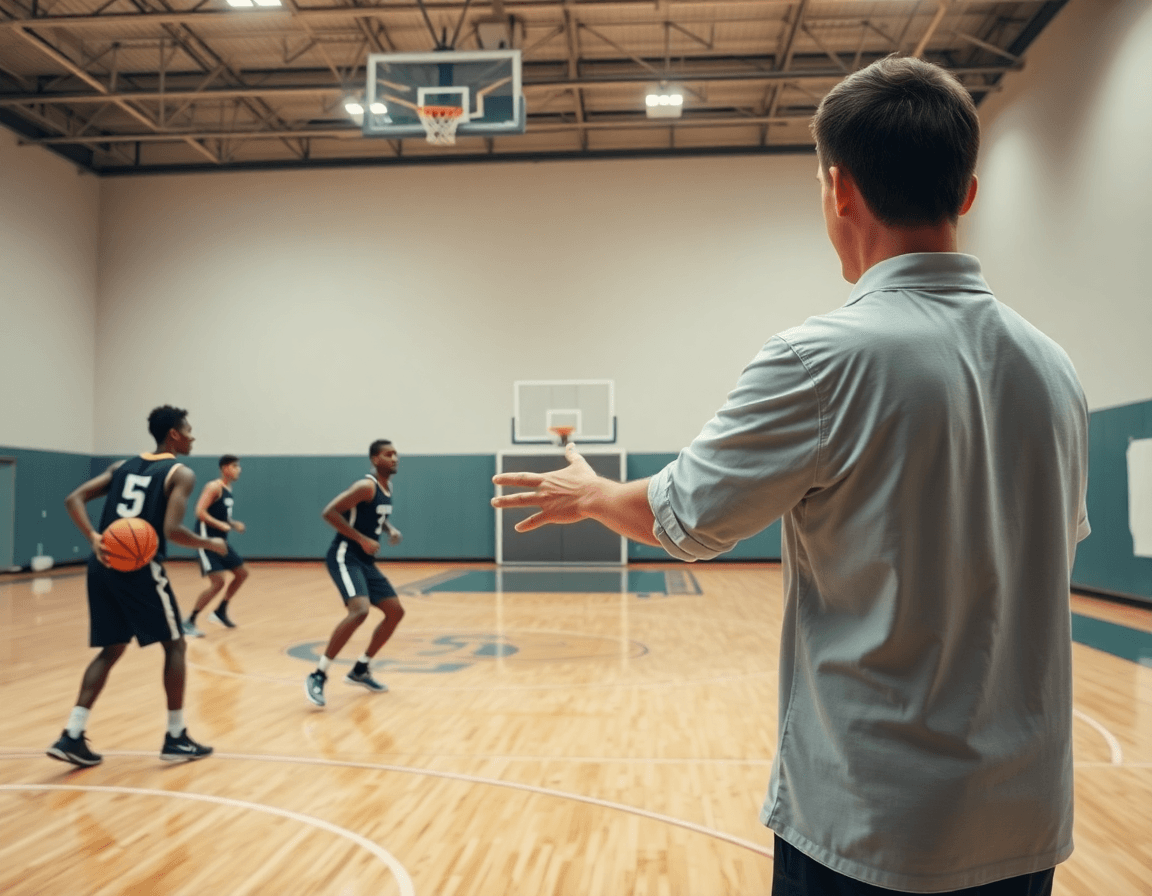 Scena di alta intensità su rimessa e passaggi durante esercizi riscaldamento basket con palla vicino al canestro.