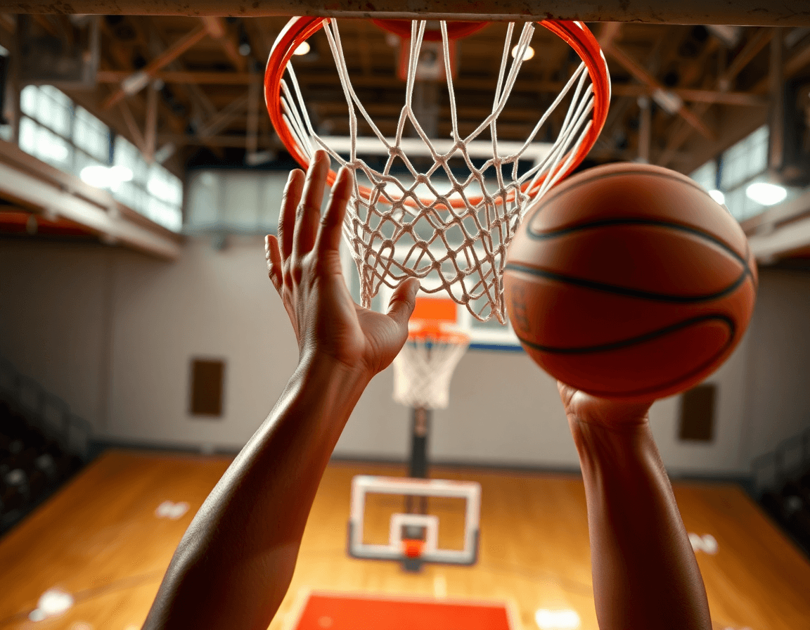 Primo piano sulle mani mentre riceve la palla e conclude il lay-up durante esercizi riscaldamento basket con palla.
