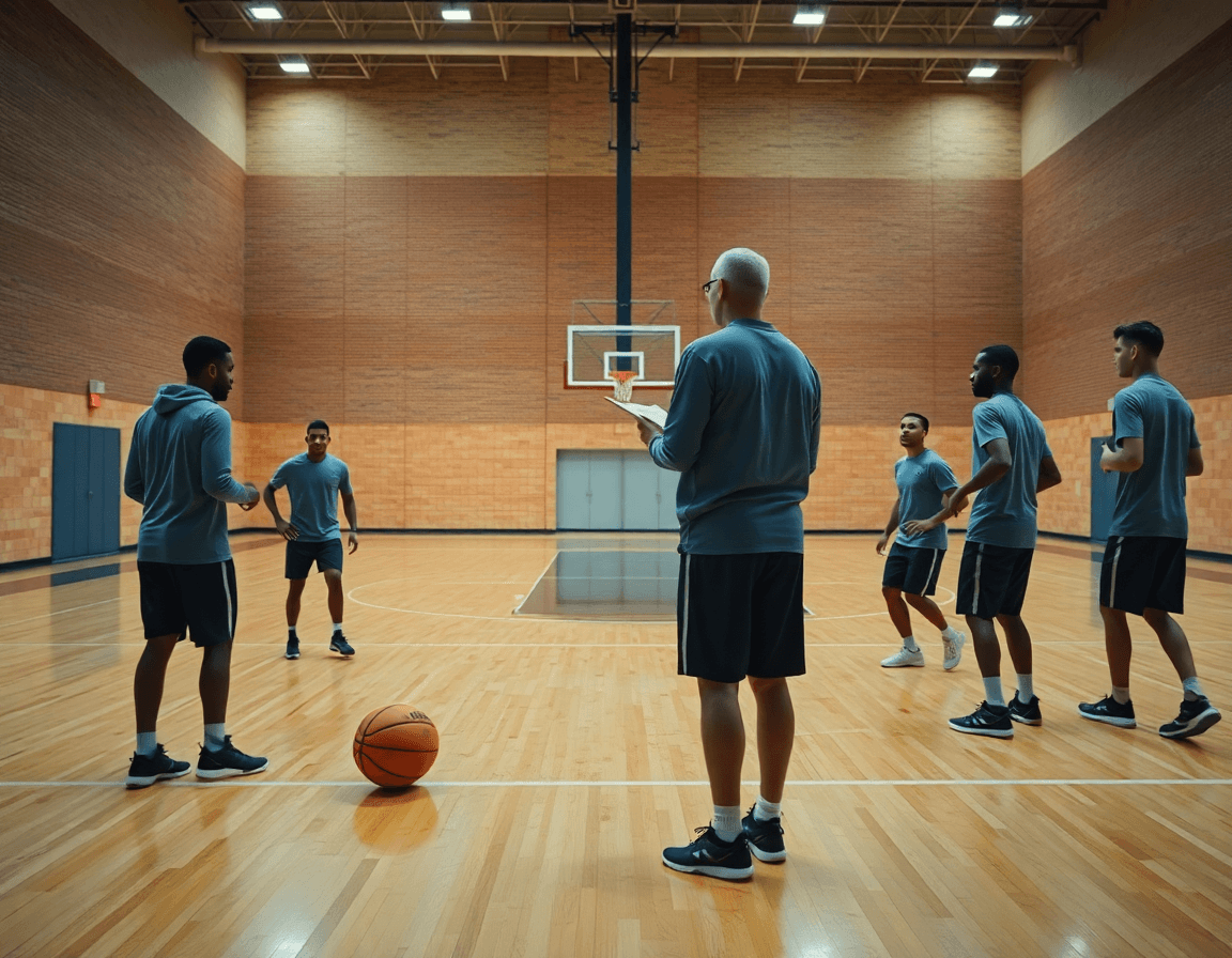 Allenatori e giocatori praticano esercizi riscaldamento basket con palla in palestra, scena reale.