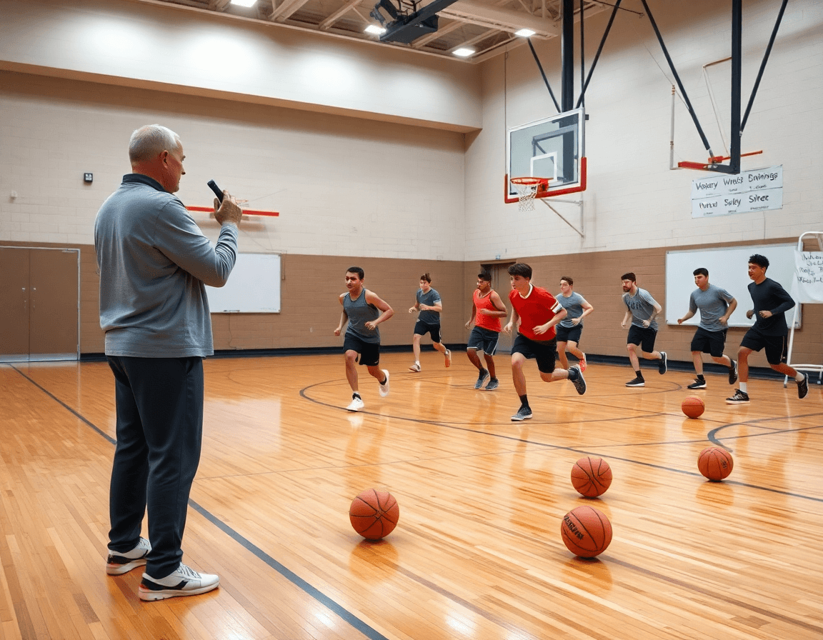 Primo piano sul coach con lavagna che illustra gli esercizi riscaldamento basket per la settimana.